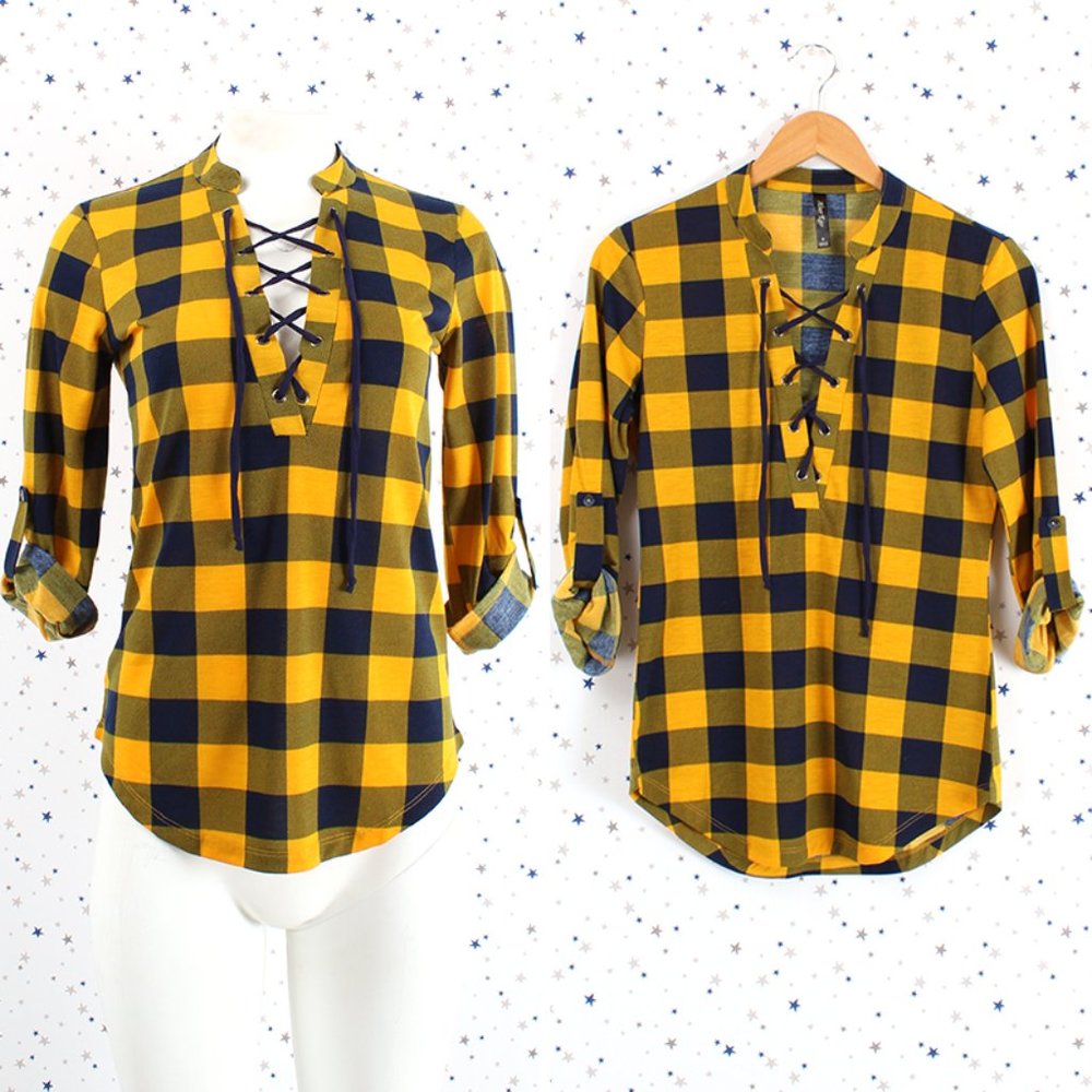 Lace Up Henley Plaid Top Pre-rolled 3/4 Sleeve Mustard / Navy